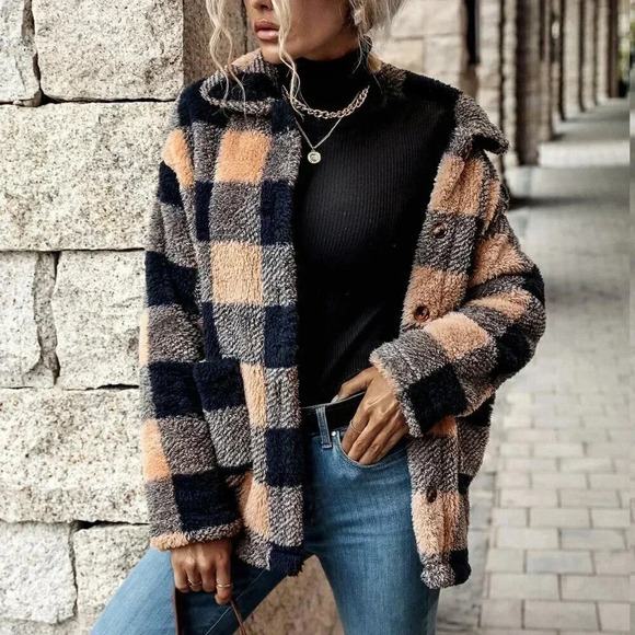 Multicolor Casual Women's Buffalo Plaid Dual Pocket Drop Shoulder Flannel Coat - Picture 5 of 6